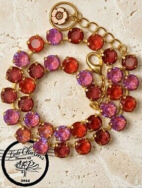 Pastel Red Austrian Crystals in Classic Tennis Gold Plated Necklace